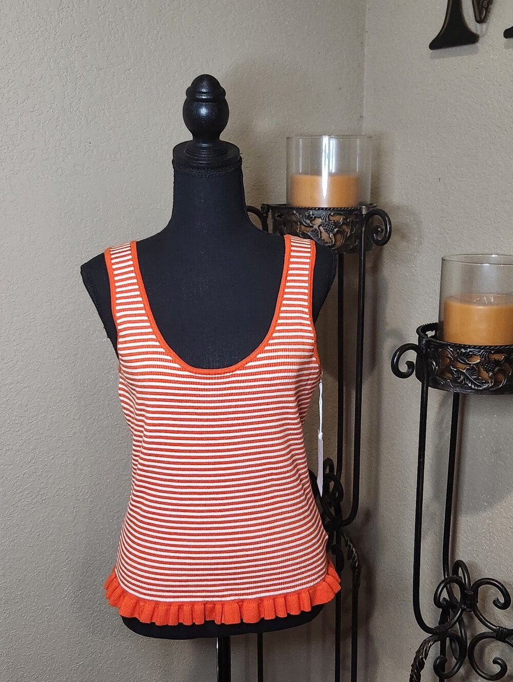Free Assembly Sleeveless Orange Striped Ruffle Hem Tank Top NWT Size Large